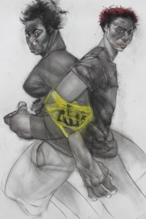 Democracy Handcuffed - Medium charcoal paint- Size 38”x 50”- Complete 2017.
